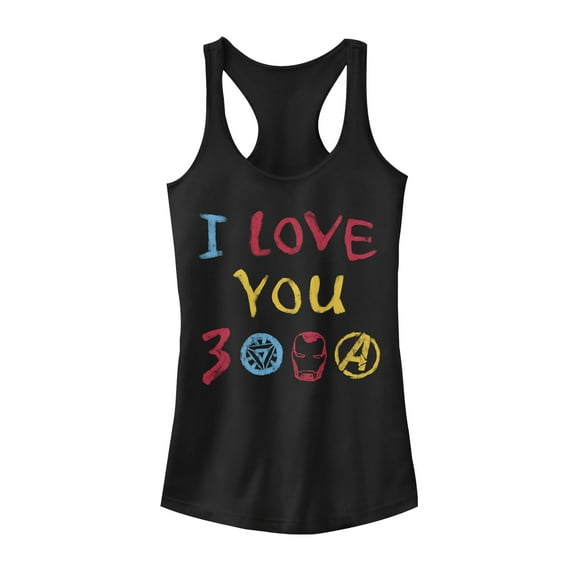 Junior's Marvel Love You 3000 Crayon Print  Racerback Tank Top Black 2X Large