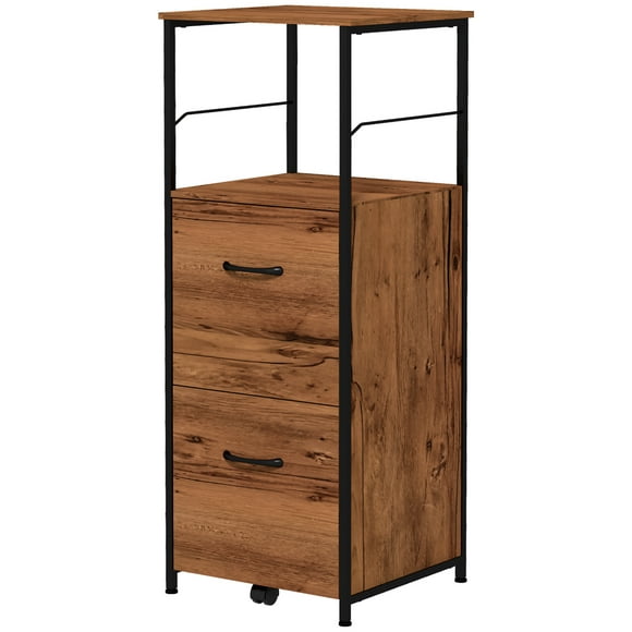 Vinsetto Tall Vertical Filing Cabinet in Rustic Brown: 2 Drawers with Hanging Bars for Letter/A4 Files, Open Shelf, Industrial Style Office Storage, 16.5"W x 15.7"D x 42.5"H