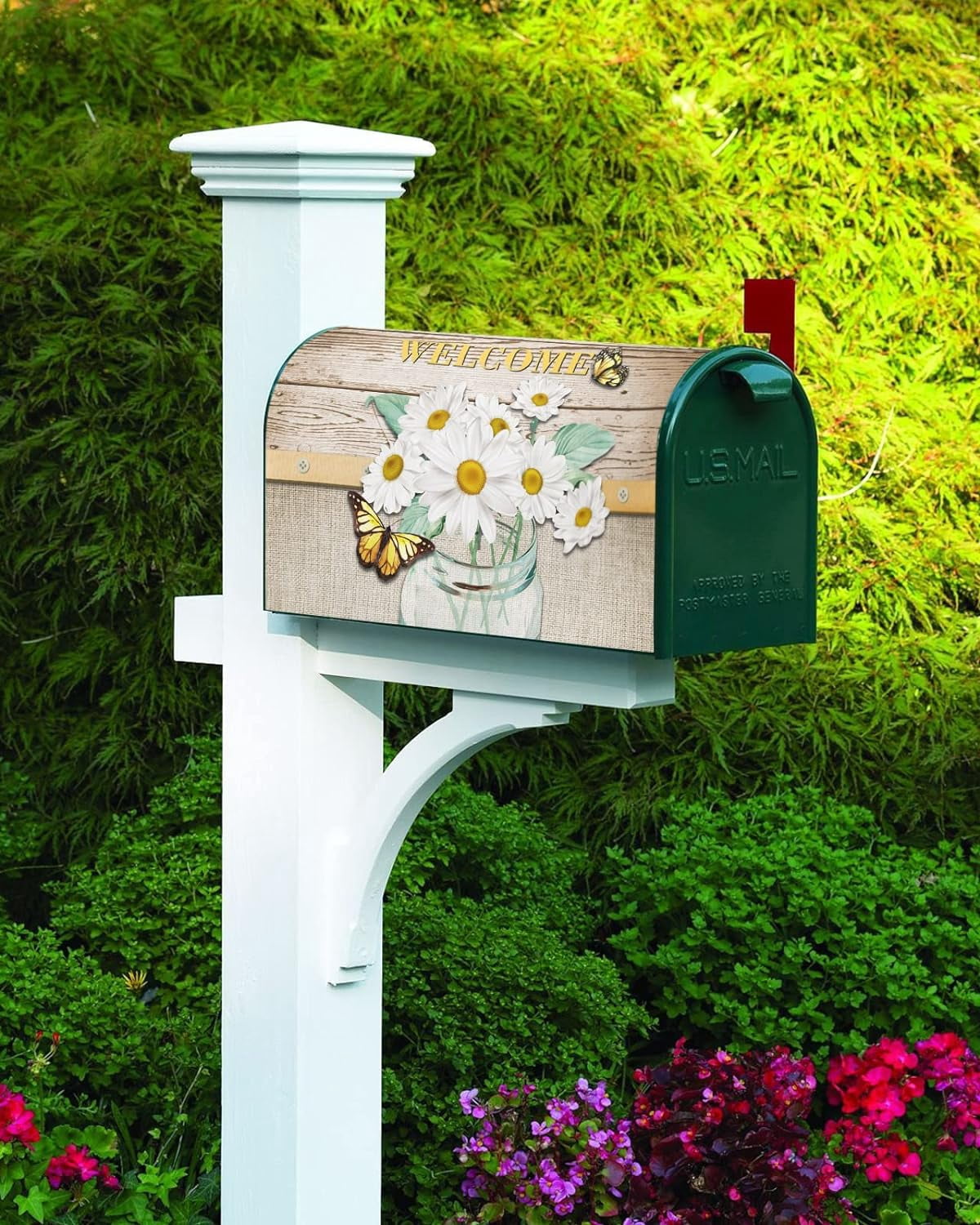 Mailbox Cover, Daisy and Butterfly Wooden Board Cotton Linen Texture Mailbox Wrap Magnetic Mailbox Covers for Garden Yard Outdoor Decoration,Farmhouse Mailbox Post Box Cover Wraps Large Size 21"x25.5"