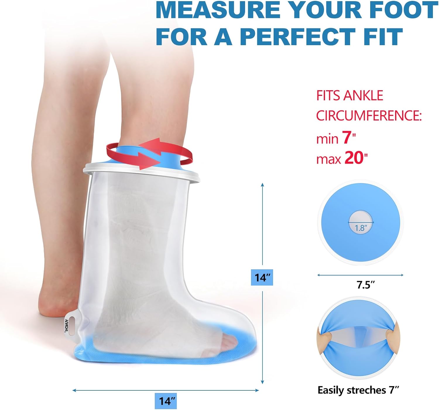 YUNCHI Adult Waterproof Foot Cover for Shower with Slip Resistant Sole, Reusable Foot Cast Protector, Shower Boots for Ankle and Foot Surgery