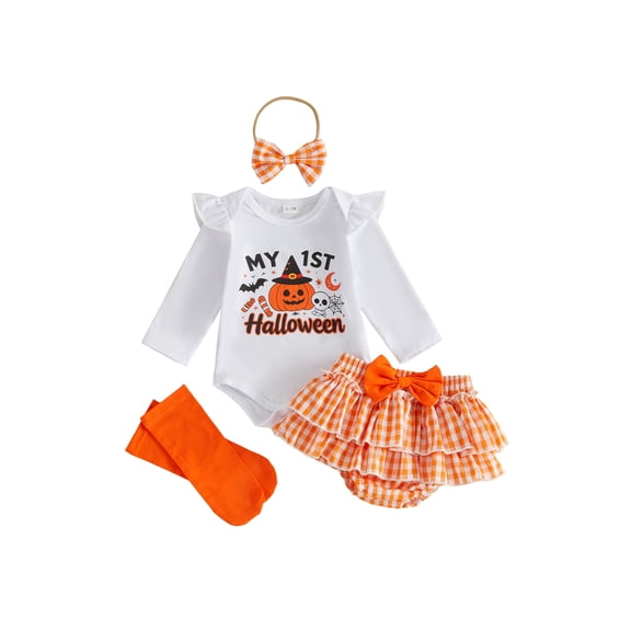 Loicainy Infant Baby Girl Halloween Outfit 3 6 9 12 18 Months Long Sleeve Romper Skort Headband and Socks Clothes Set