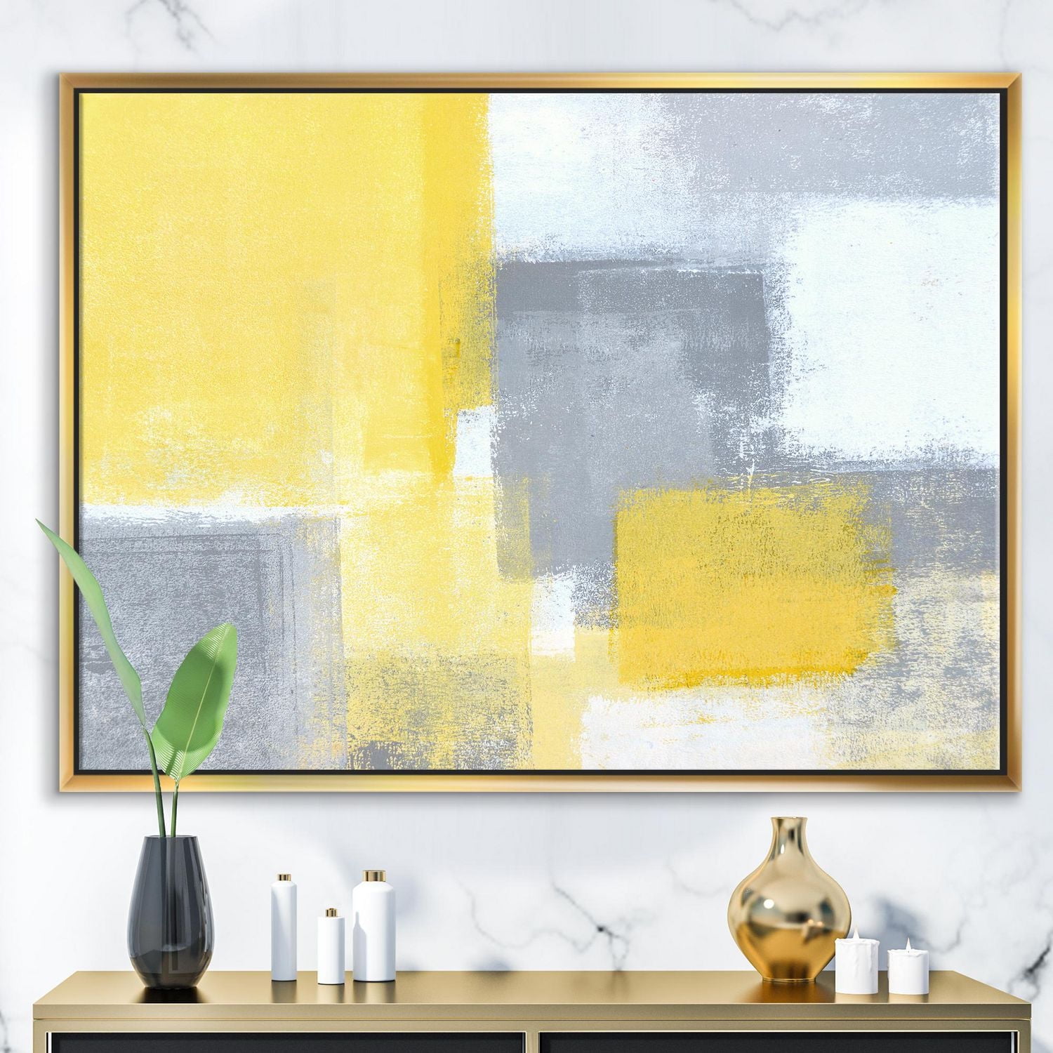 Designart Grey and Yellow Blue Abstract XXI FLOAT FRAME WALL ART