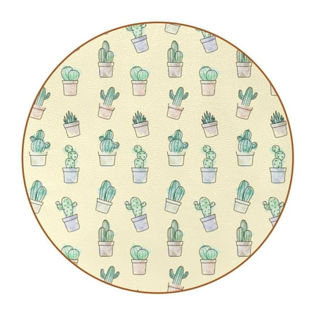 

OWNTA Cacti Yellow Background Pattern Premium Microfiber Leather Round Coasters (6PCS) - 11x11 cm/4.3x4.3 in - Durable & Stylish Cup Mat Set