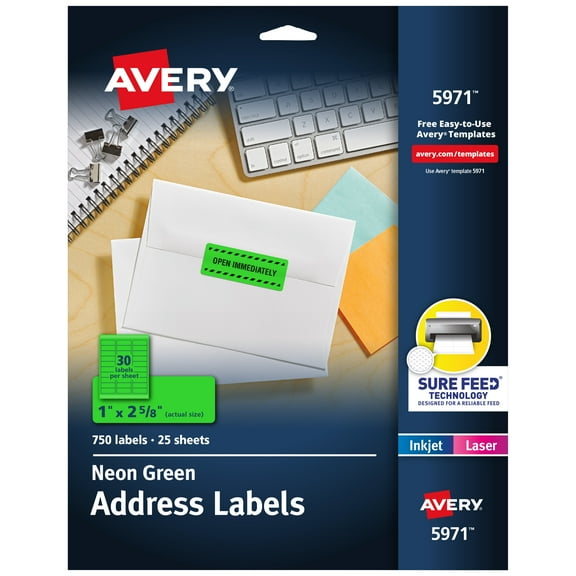 Avery Address Labels, 1" x 2-5/8", Neon Green, 750 Total (5971)