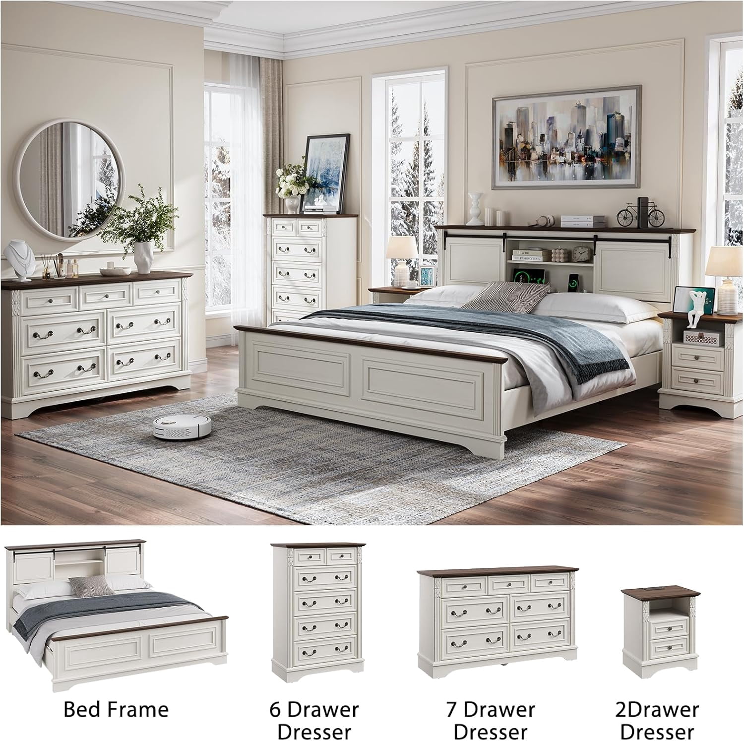 BOSHIRO 7-Drawer Dresser for Bedroom, Farmhouse Carved Wide Storage Chest Organizer with Brown Top, Antique White Finish