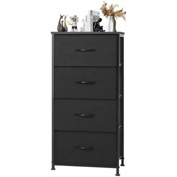Dresser for Bedroom 4 Drawers, Tall Fabric Closet Chests Organizer Tower Furniture with Wooden Top Metal Frame for Nursery, Living Room, Closet, Black