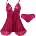 thumbnail image 2 of DAKIMOE Sexy Lingerie for Women Pajamas Set Open Front V Neck Ruffle Sheer Mesh Lace Wireless Babydoll Lingerie Dress with Thong 2 Piece for Valentine's Day, 2 of 10
