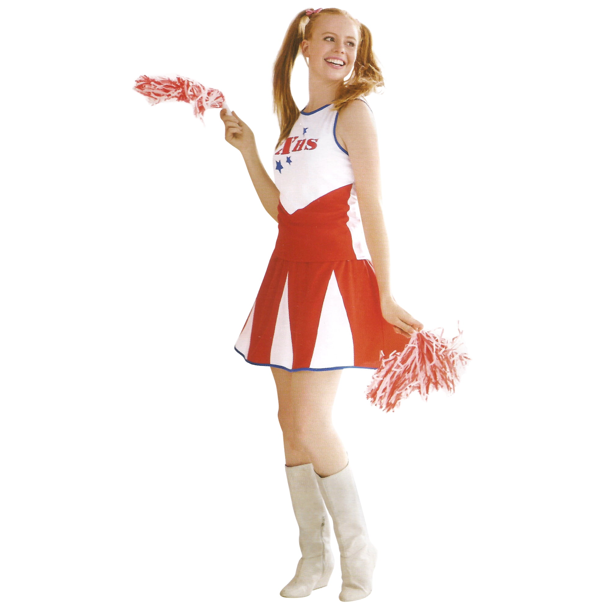 Ladies Cheerleader Fancy Dress Costume & Pom Poms Womens Red Outfit by Smiffys 