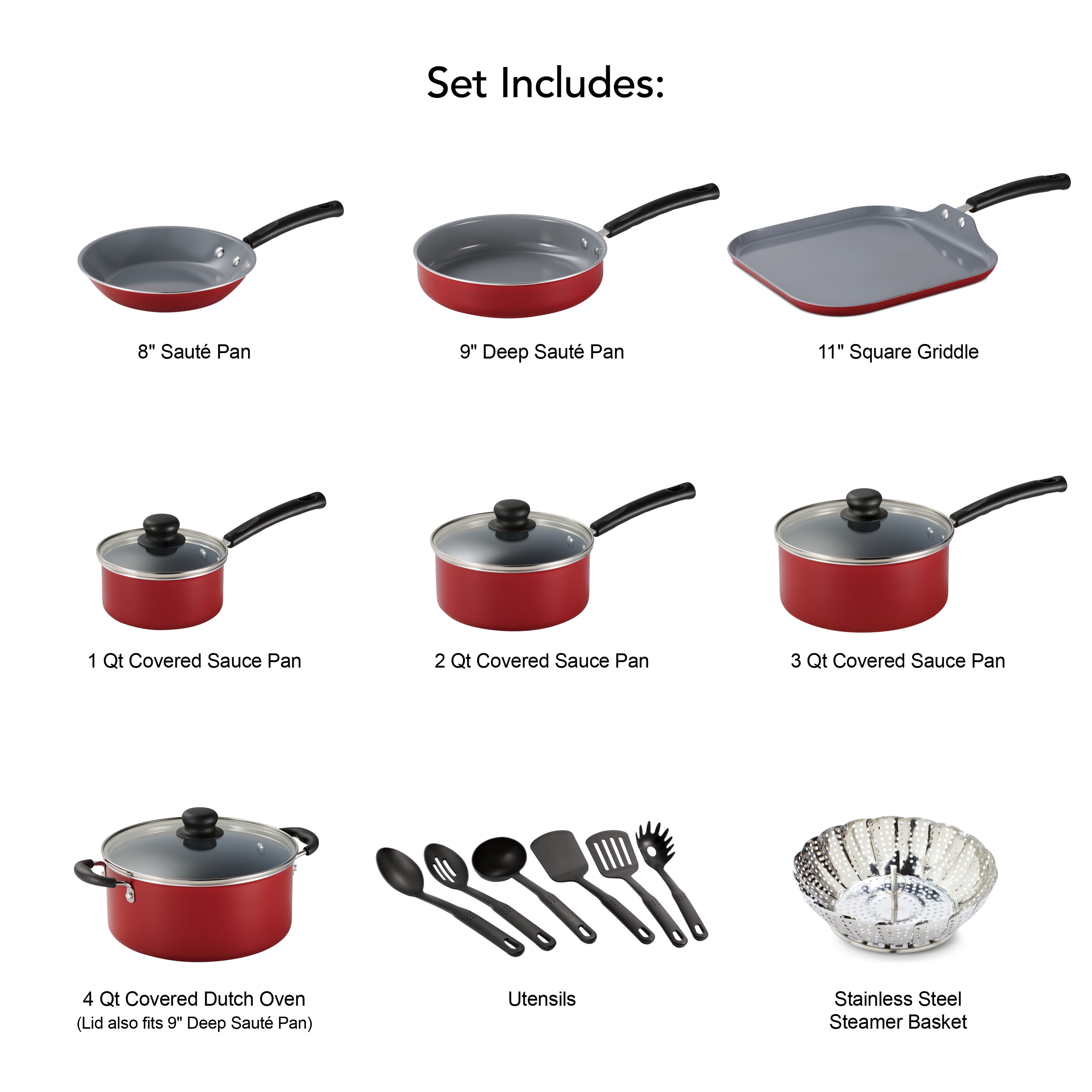 Tramontina Primaware 18 Piece CERAMIC Cookware Set, Red