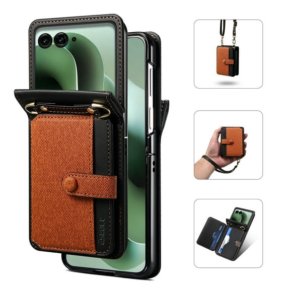 Dteck Crossbody Case for Motorola Razr 2025, PU Leather Strap Wristlet Flip Case Wallet with Card Holder for Moto Razr 2025,Brown