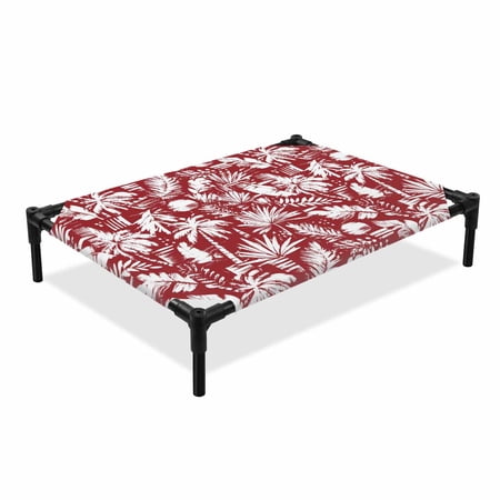 Palm Tree Silhouettes Elevated Dog Bed Tropical Banana Leaf Fern Frond Red Backdop Cooling Breathable Outdoor Raised Dog Cot Bed with Metal Frame Non-Slip Feet for Medium Dog 24x20in