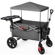 EVER ADVANCED Foldable Wagon Stroller for Two Kids & Toddler with Adjustable Pull & Push Handle, Removable Canopy with 5-Point Harness, Black