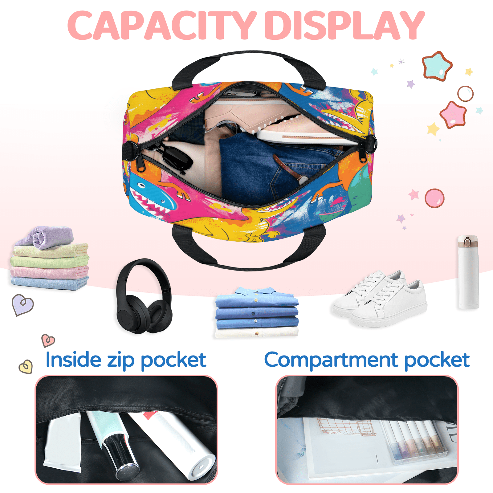 Herdesigns Colorful Rainbow Dinosaur Gym Bag for Women, Duffle Bag for Travel Sport, Lightweight Waterproof Carry on Weekender Overnight Dance Yoga Workout Bags