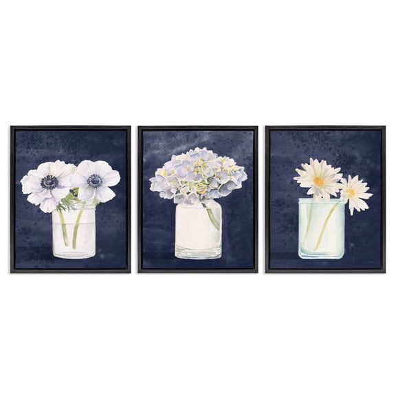 Stupell Industries Navy Blue Flower Bouquets Botanical & Floral Painting Black Floater Framed Canvas Art Print Wall Art, 17 x 21, Set of 3