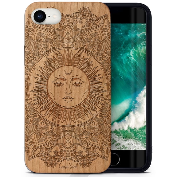 Case Yard Wooden Case Outside Soft TPU Silicone, Slim Fit Shockproof Wood Protective Phone Cover for Girls Boys Men and Women, Supports Wireless Charging Sun Mandala Design case for iPhone-SE