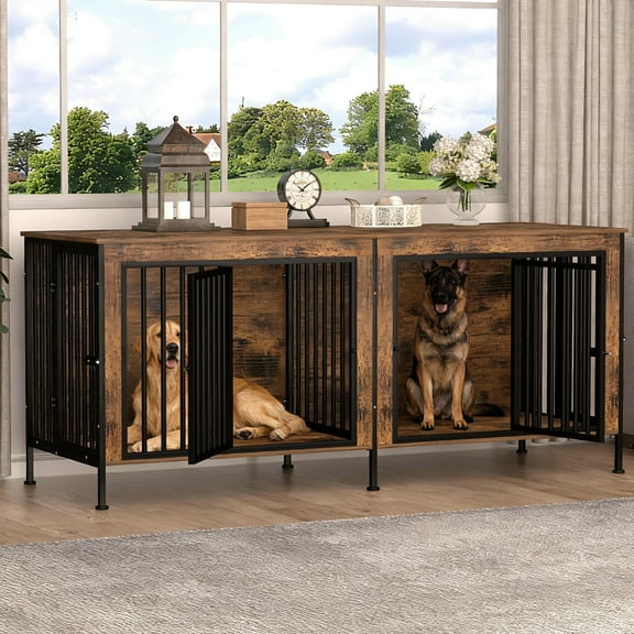 Deptok 78 Inch Dog Crate Furniture for 2 Large Dogs, Extra Large XXL Double Dog Kennel with Removable Divider and Doors, Heavy Duty Thick Wooden Dog Cage TV Stand Indoor Dog House, Brown