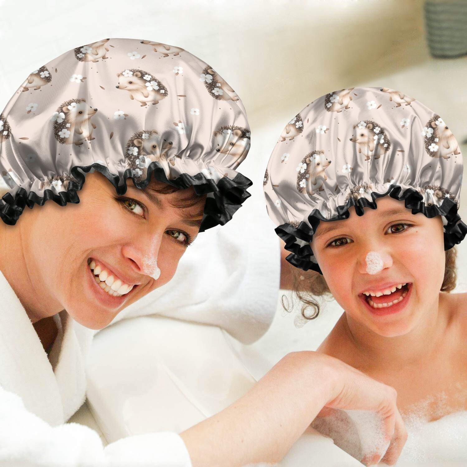 Shower Caps,Cute Hedgehog Pattern with Flowers Waterproof Shower Cap for Women 4 Pieces,Double Reusable Hair Cover for Shower PEVA Elastic Stretch Hem