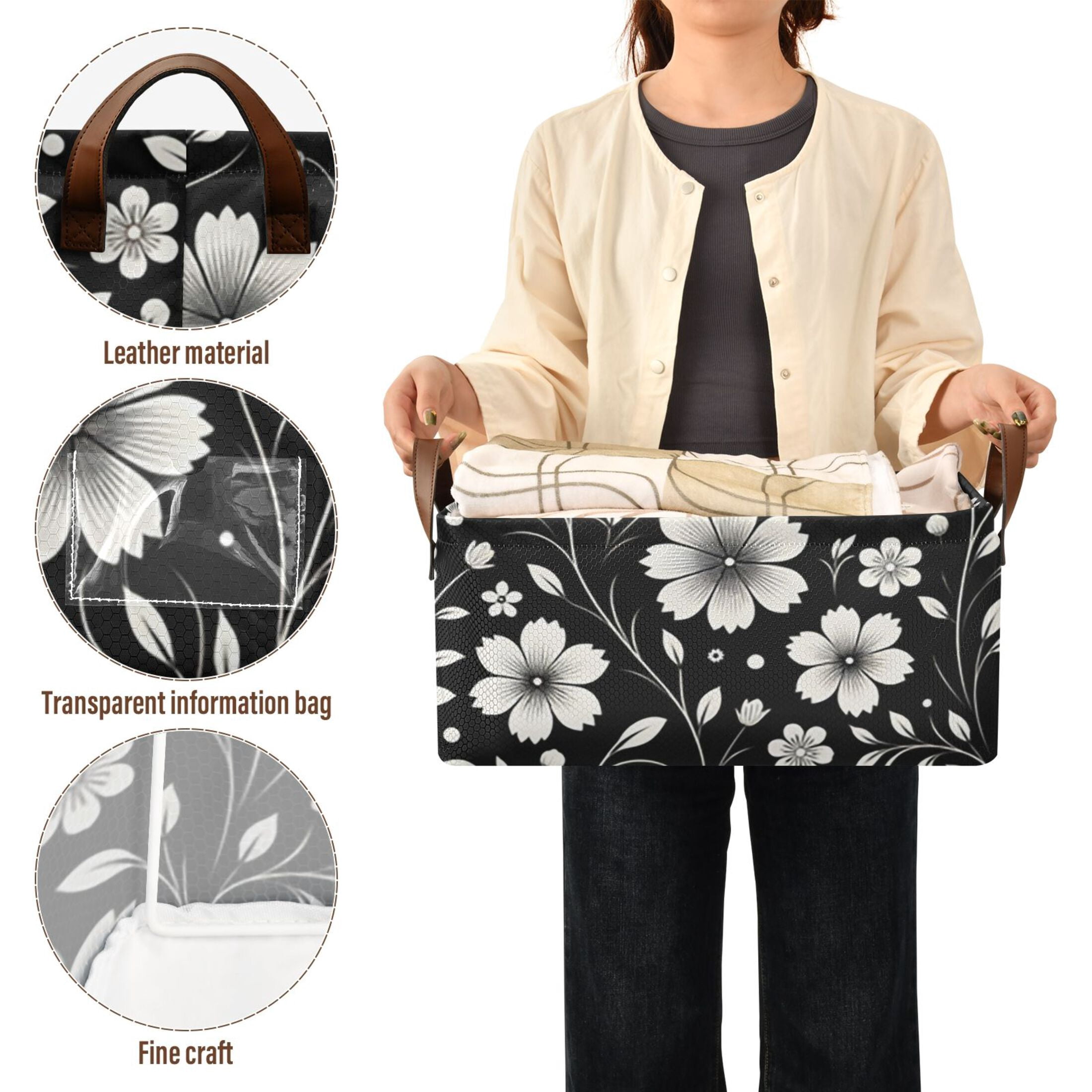 Retro White and Black Flowers Storage Bins with Handles Foldable Storage Baskets for Shelves Organizer Cloth Baskets