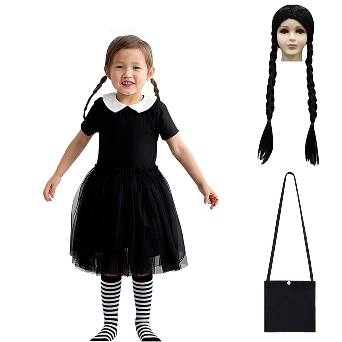 HAWEE Halloween Addams Costume Girls Wednesday Dress Addams Costume Peter Pan Collar Black Dress