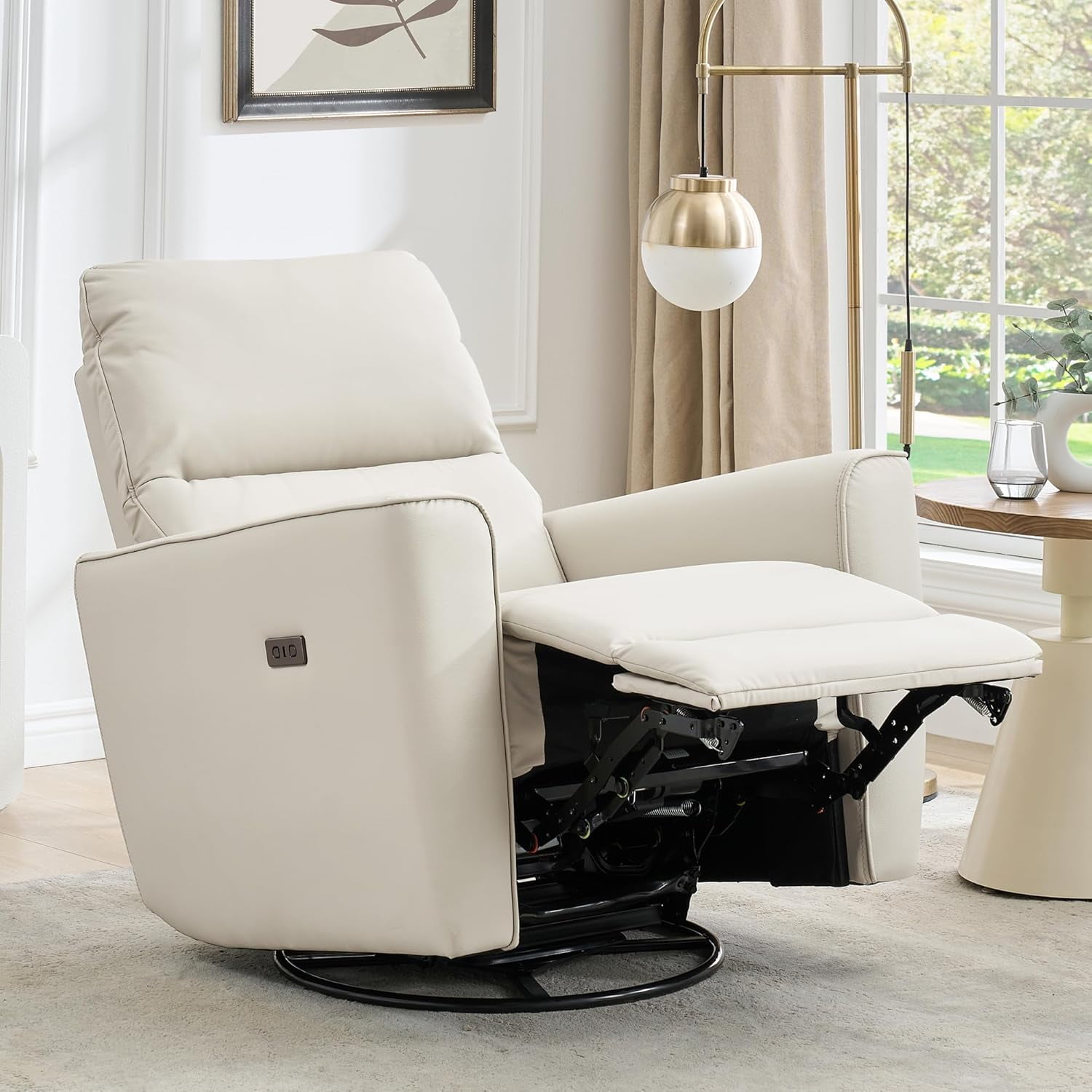 Power Recliner Chair 270° Swivel Rocking Glider with USB Port PU Leather Upholstered Nursery Chair with Adjustable Backrest for Living Room Office Home Theater and Nursery