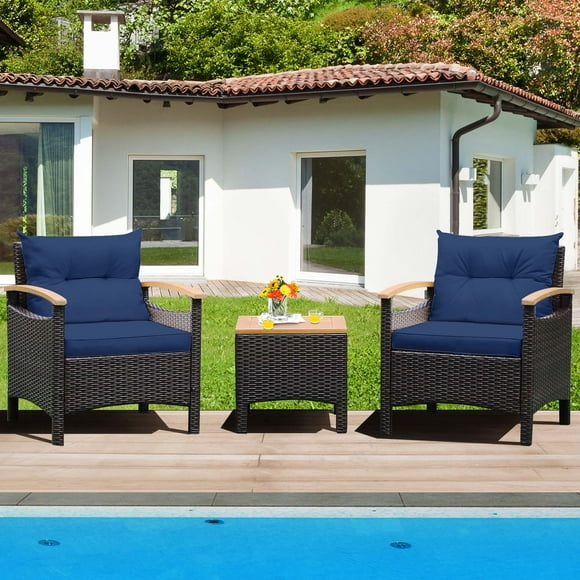 Costway 3PCS Patio Rattan Furniture Set Wooden Armrest Table Top Cushioned Deck