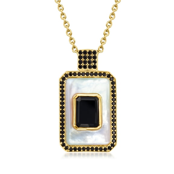 Ross-Simons Mother-Of-Pearl and Onyx Pendant Necklace With .70 ct. t.w. Black Spinel in 18kt Gold Over Sterling, Women's, Adult