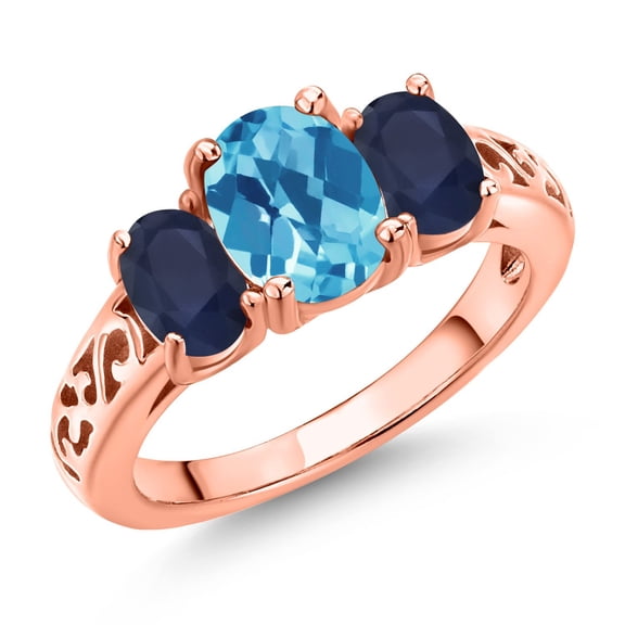 Gem Stone King 18K Rose Gold Plated Silver Swiss Blue Topaz and Blue Sapphire Filigree Style 3 Stone Ring for Women (2.41 Cttw, Oval 8X6MM and 6X4MM) (Size 7)
