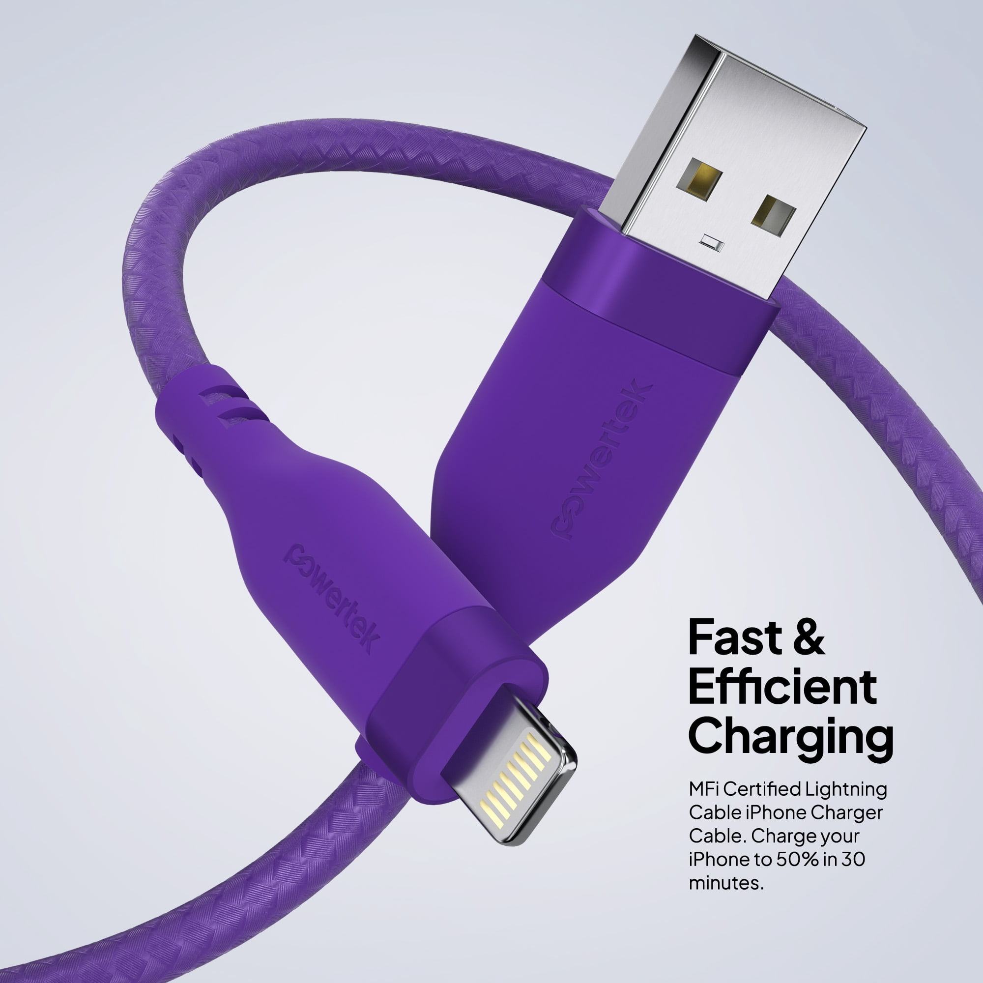 Powertek MFi Certified USB-A to Lightning Charging Cable, Carbon Design Texture, 6 ft, Purple