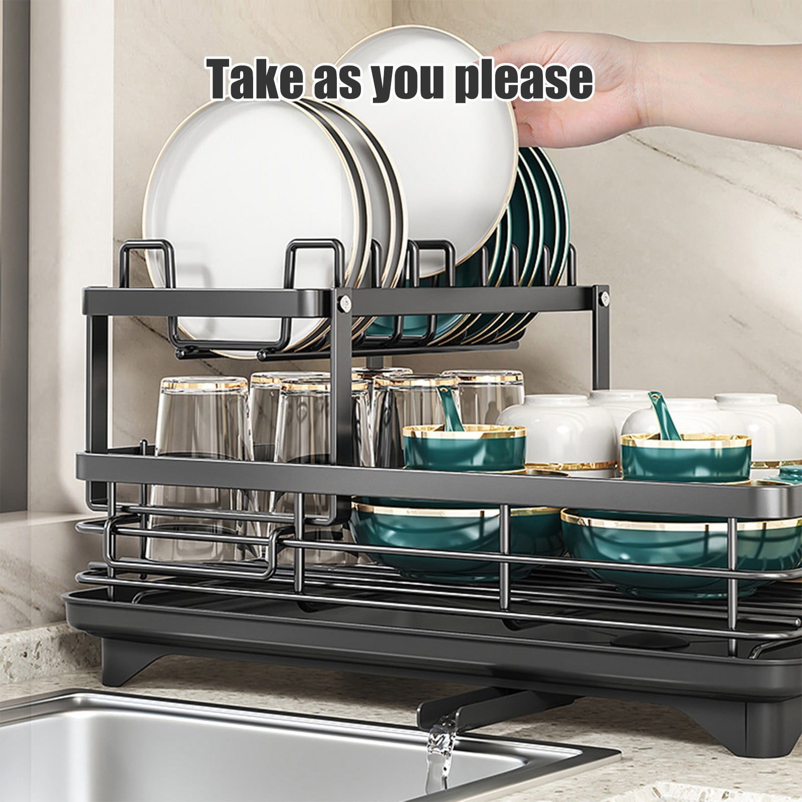Dish Drying Rack Carbon Steel 2 Tier Draining Rack, Bowl Plate Chopstick Storage with Water Drain Tray, Countertop Dish Organizer for Kitchen Sink and Counter