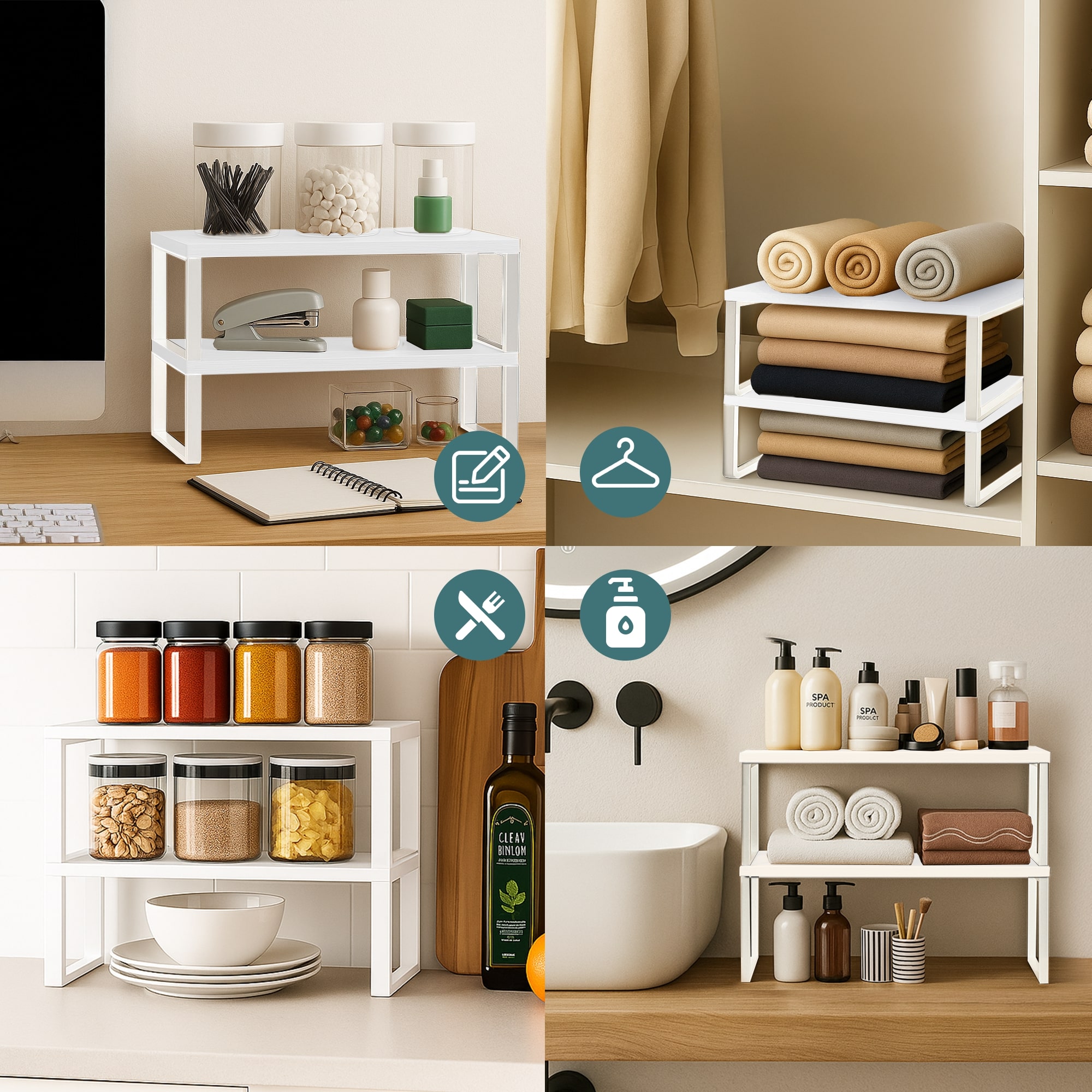 Sben Kitchen Shelf Cabinet Organizer, Set of 2, Counter Shelves, Kitchen Storage, Spice Rack, Stackable, Functional, Metal and Engineered Wood (White)