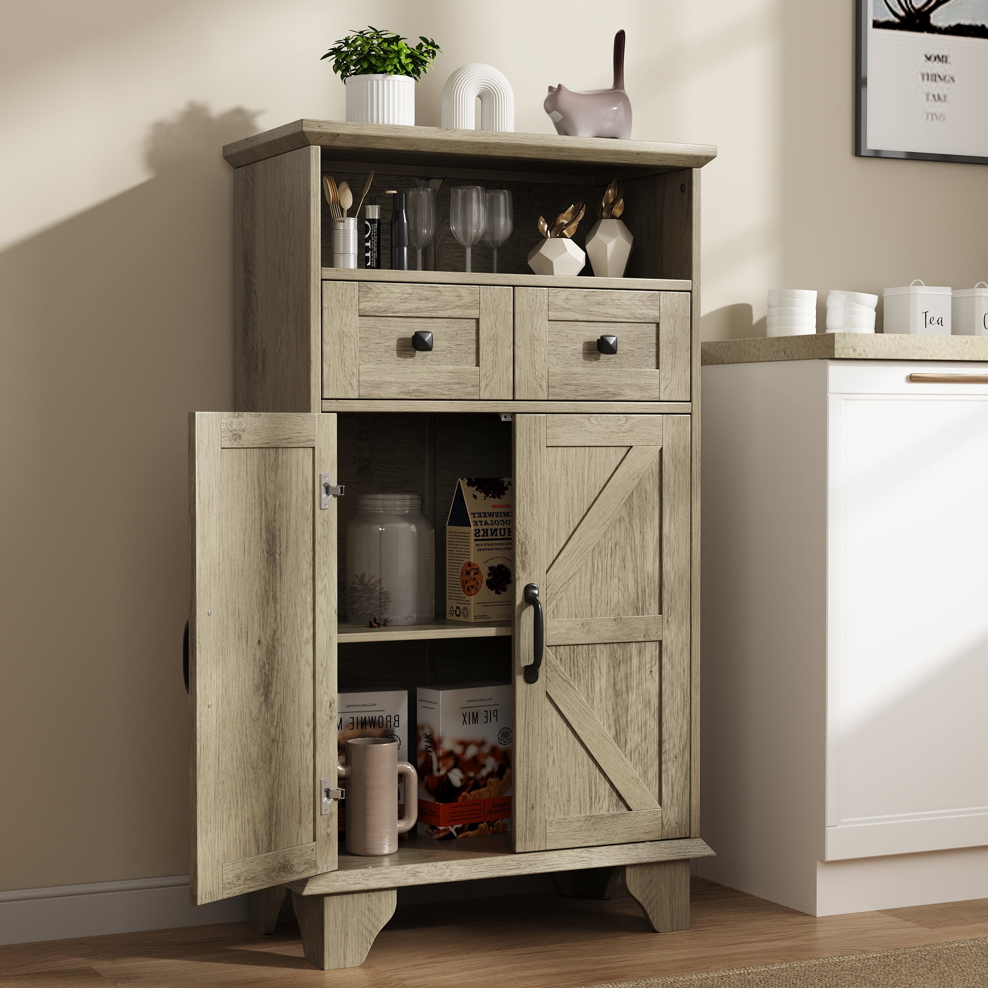 Bathroom Storage Cabinet with Doors and Drawers,Farmhouse Bathroom Floor Cabinet freestanding with Adjustable Shelf,41.3"H Bathroom Organizer,Wood Grain