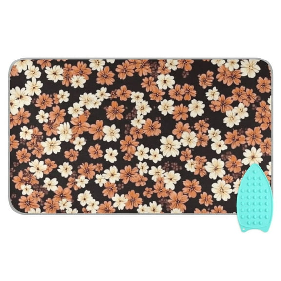 Brown and White Flowers Ironing Mat Blanket for Table Top Travel Portable Ironing Board Pad 47.2x27.6 Inch