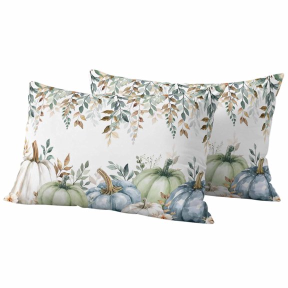 Green Blue Pumpkin Fall Outdoor Waterproof Pillow Covers, Thanksgiving Eucalyptus Leaves Weeping Decorative Rectangle Throw Pillowcase Sofa Cushion Sham for Patio/Couch/Chair, 20"x12" 2 Pack