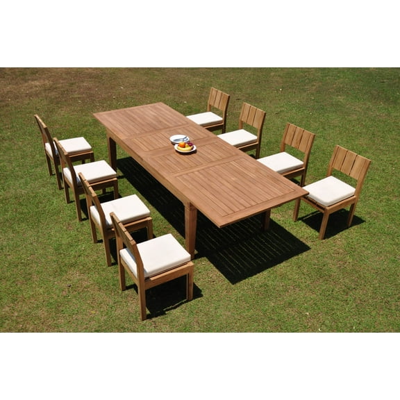 Grade-A Teak Dining Set: 8 Seater 9 Pc: 122" Caranas Double Extension Rectangle Table And 8 Veranda Armless Chairs Outdoor WholesaleTeak #WMVR21