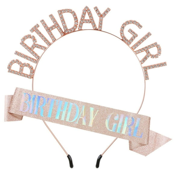 FGY 2 Pack Birthday Sash and Crown for Woman Rose Gold Birthday Girl Tiara Sash Parties Accessories Set