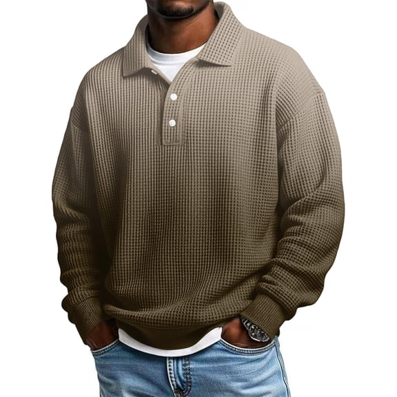 Waffle Polo Shirts for Men Loose Fit Gradient Turndown Collar Long Sleeve Shirt Casual Golf Pullover