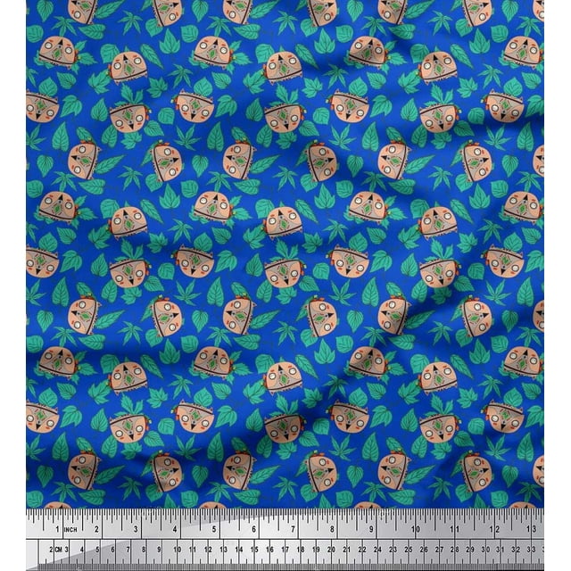 Soimoi Modal Satin Fabric Leaves & Owl Cartoon Decor Fabric Printed Yard 42 Inch Wide