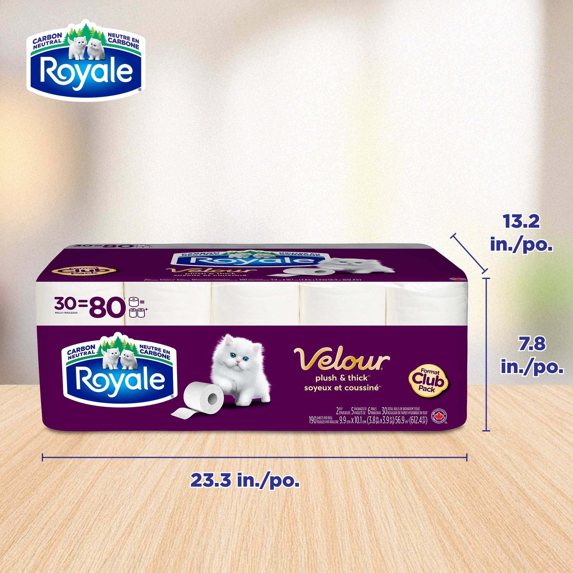 Royale Velour, 2 Ply Toilet Paper, 30 Equal 80 Bathroom Tissue Rolls, 190 Toilet Paper Sheets per Roll