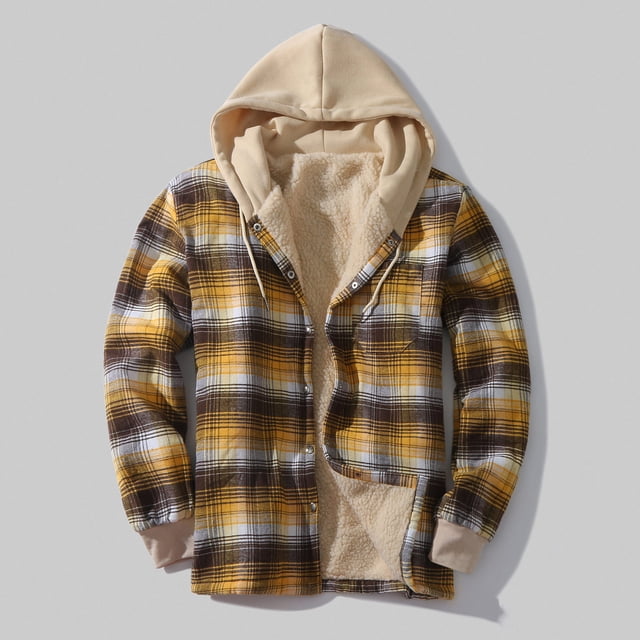 Meichang Men's Fleece Jackets Plus Size Plaid Hoodies Fall Button Down Shirt Jacket Regular Fit Long Sleeve Lightweight Jacket