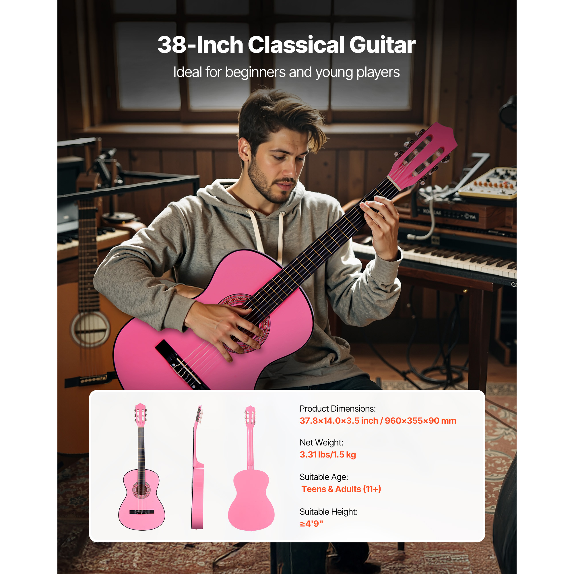 KFFKFF 38-Inch Classical Guitar Starter Kit, Wooden Acoustic Guitar with Nylon Strings, Gig Bag, Strap, Tuner, Extra Strings, Picks, Capo, Ideal for Beginners, Teens, Adults, and Students, Pink