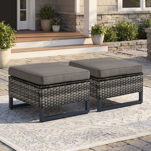 Giantfurnni Outdoor Patio Ottomans,All-Weather Wicker Ottomans Set of 2 with Cushions,Patio Footrest for Balcony Deck Porch Poolside,Gray Wicker