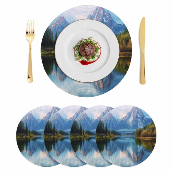 Grey Mountain Round 15 Inch Placemats Set of 4, Green Forest Modern Art Farmhouse HeatResistant Non Slip Place Mats for Dining Table, Wipeable Braided Kitchen Table Mats for Housewarming