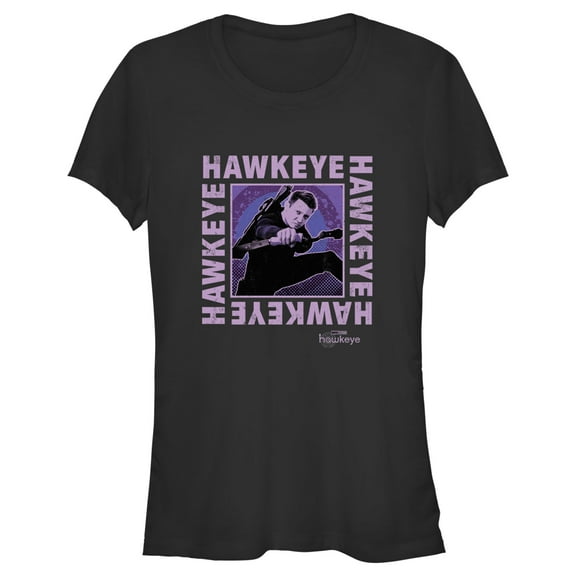Junior's Marvel Hawkeye Ready To Shoot Bow Purple Box  Graphic Tee Black Small