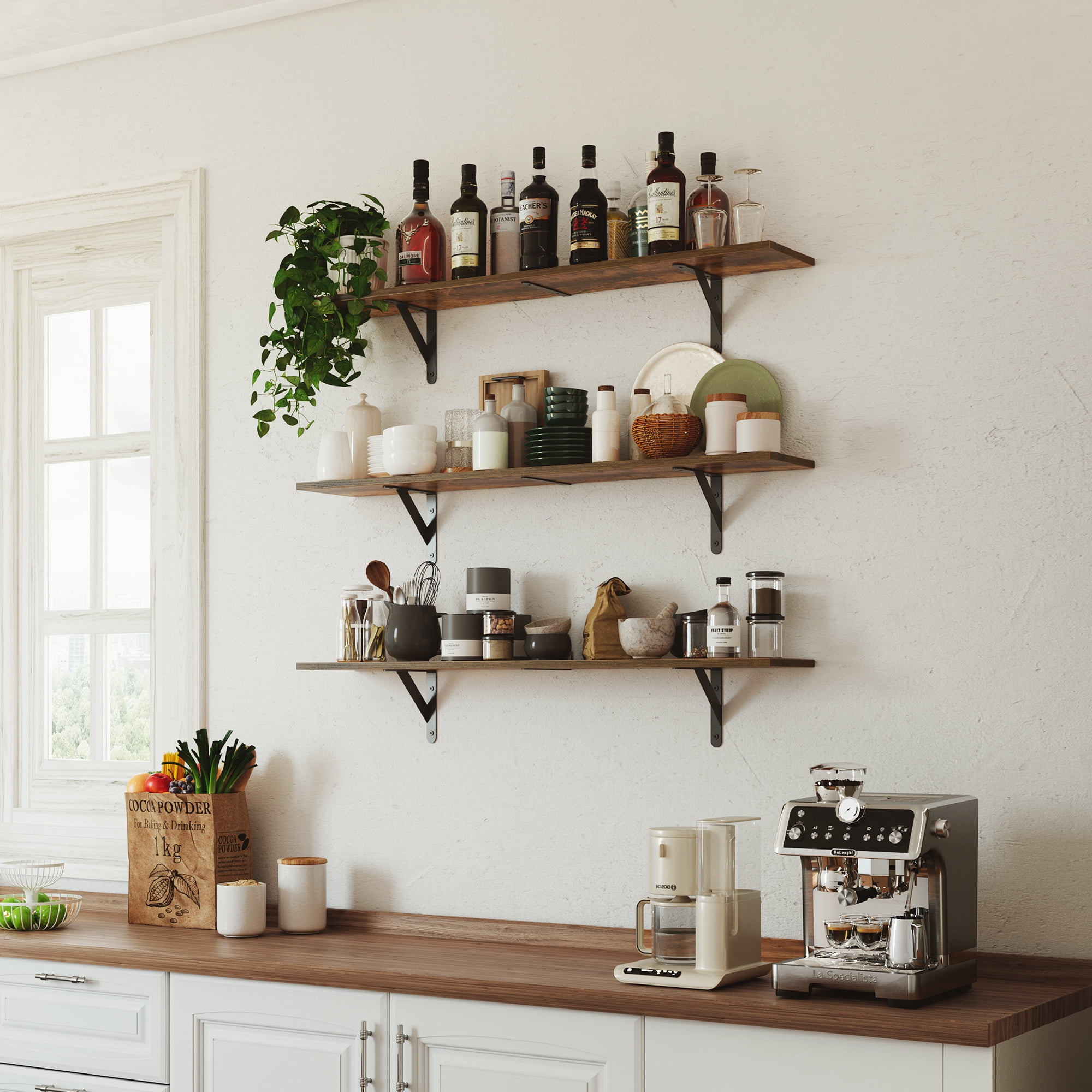 Farmhouse Floating Shelves for Wall 40″W x 8″D, Long Wall Mounted Shelves Set of 3