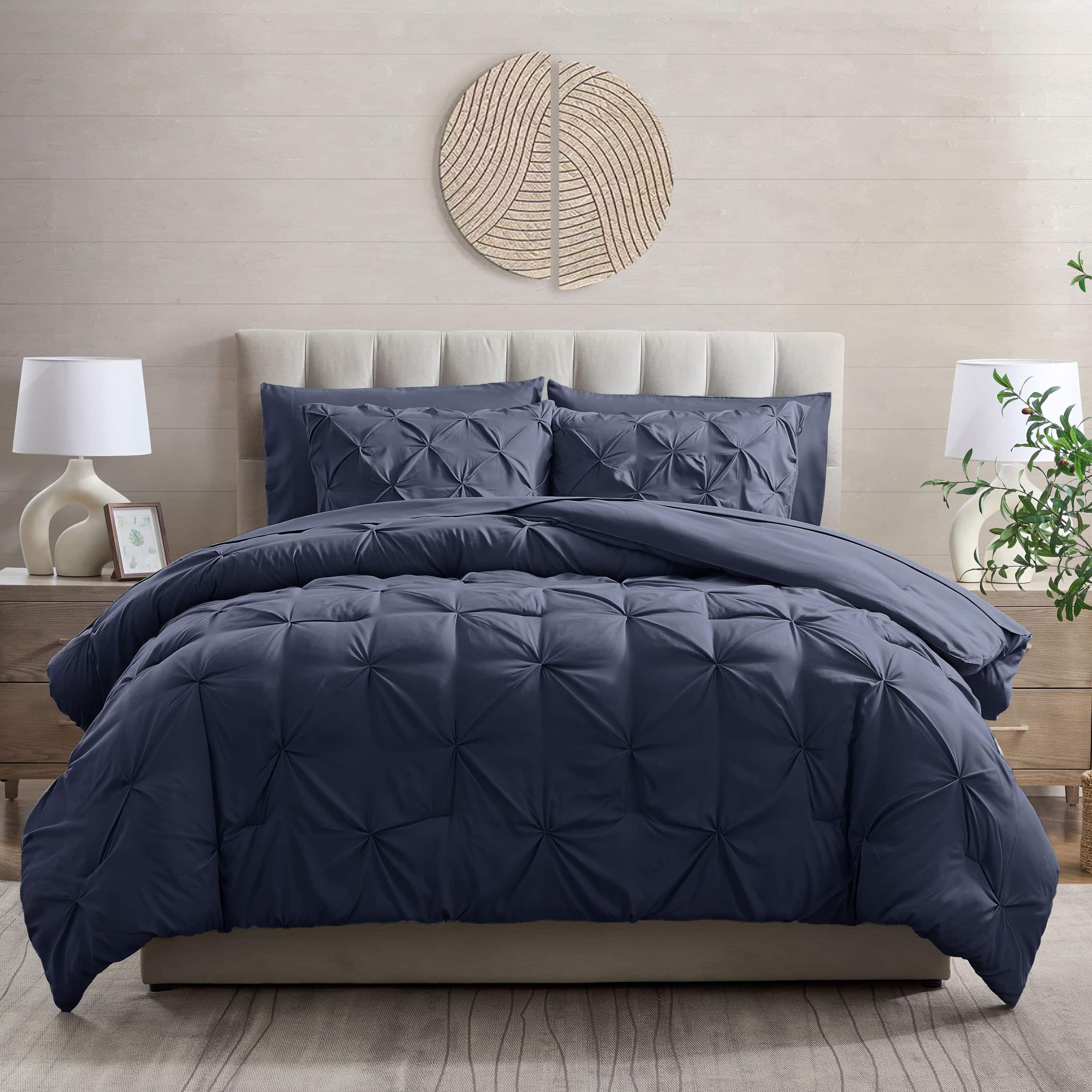 LammaLoe California King Size comforter Sets, 7 Piece Bed In A Bag Pintuck Bedding Sets, Navy