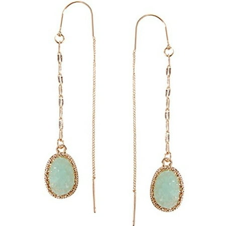 Aqua Womens Earring - Simulated Druzy Chain Bar Threaders - Long Sparkly Needle Drop Earrings, Aqua, Simulated Aquamarine, Mint, Simulated Jade, Gold-Tone