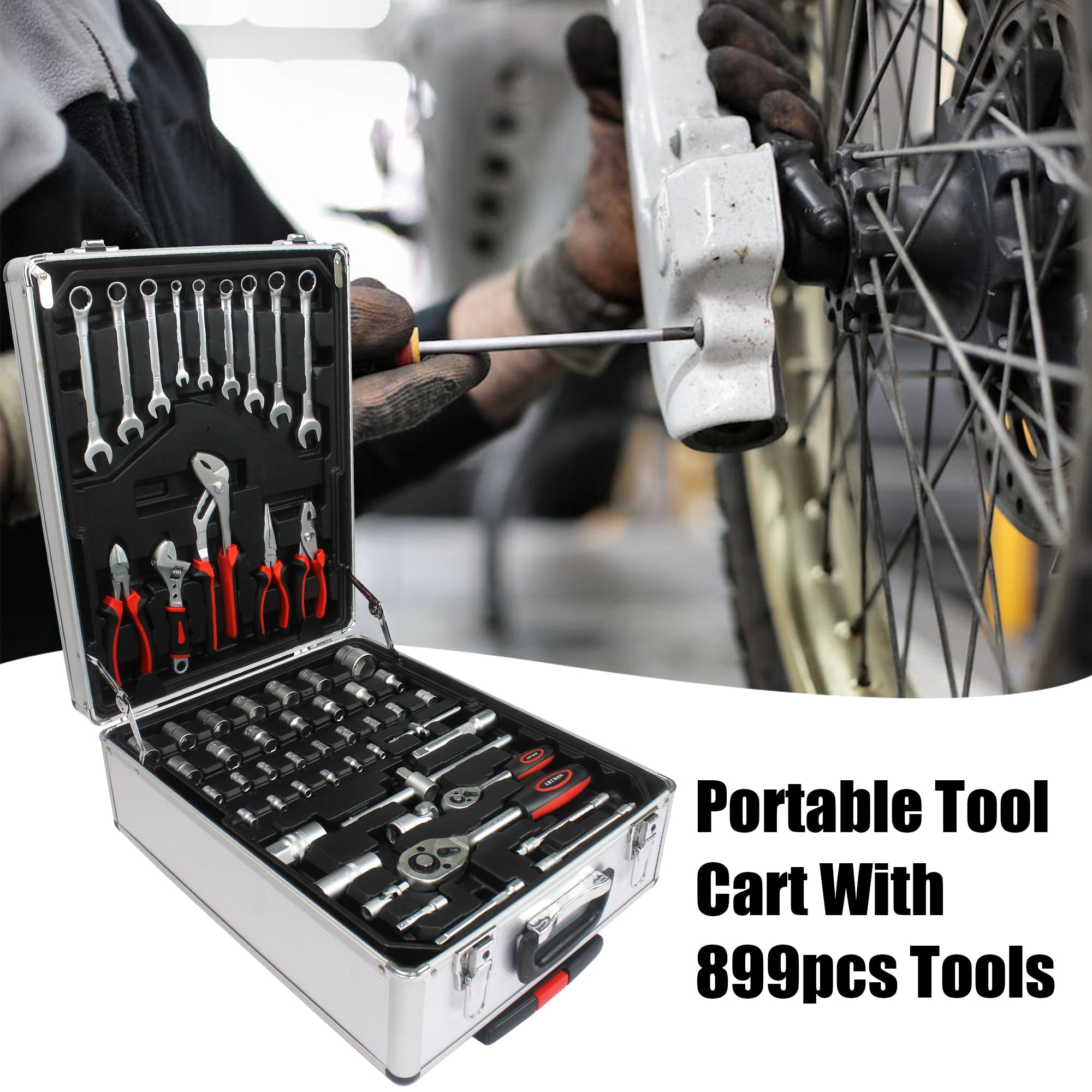 JXXRZ 899-Piece Home Repair Tool Set with 4-Drawer Rolling Toolbox Case for Maintenance, Garden, Homeowner, Handyman -Silver