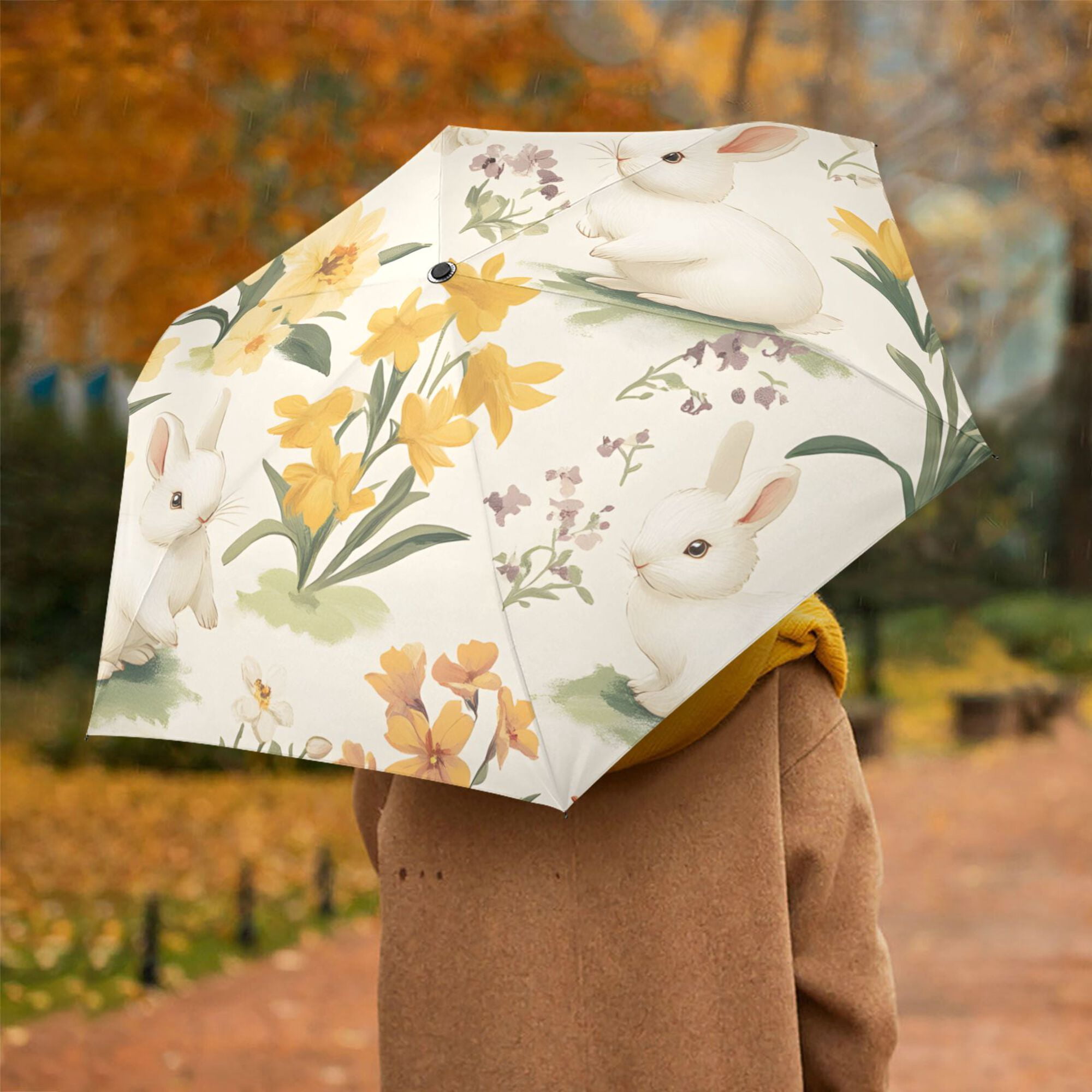 FORMRS Travel Umbrella Folding Auto Open Close Windproof Rain UV Protection, White Rabbits