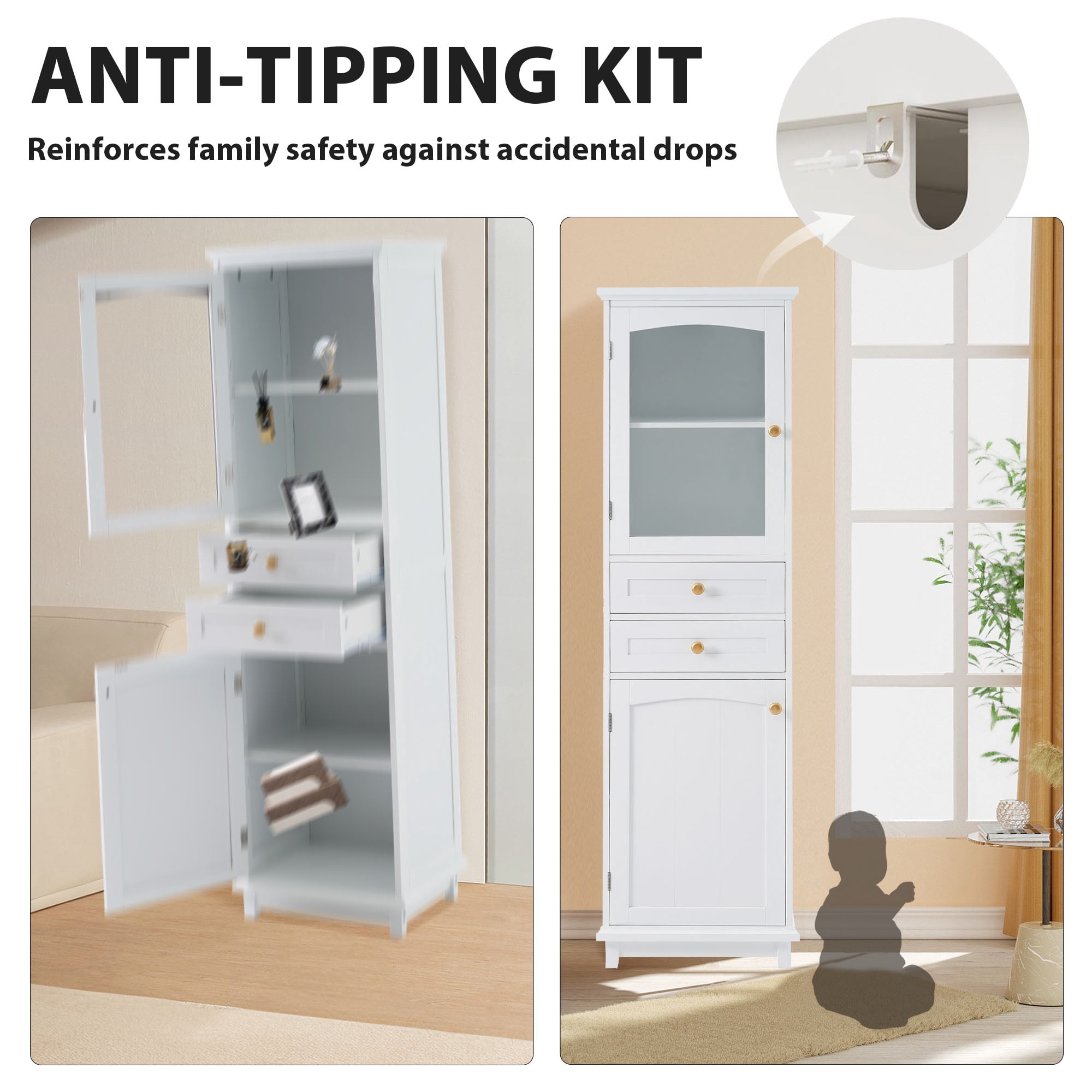 62"Tall Bathroom Storage Cabinet, Linen Closet with Glass Door,2 Drawers, Adjustable Shelves, Freestanding Wood Pantry Cabinet for Living Room,Kitchen
