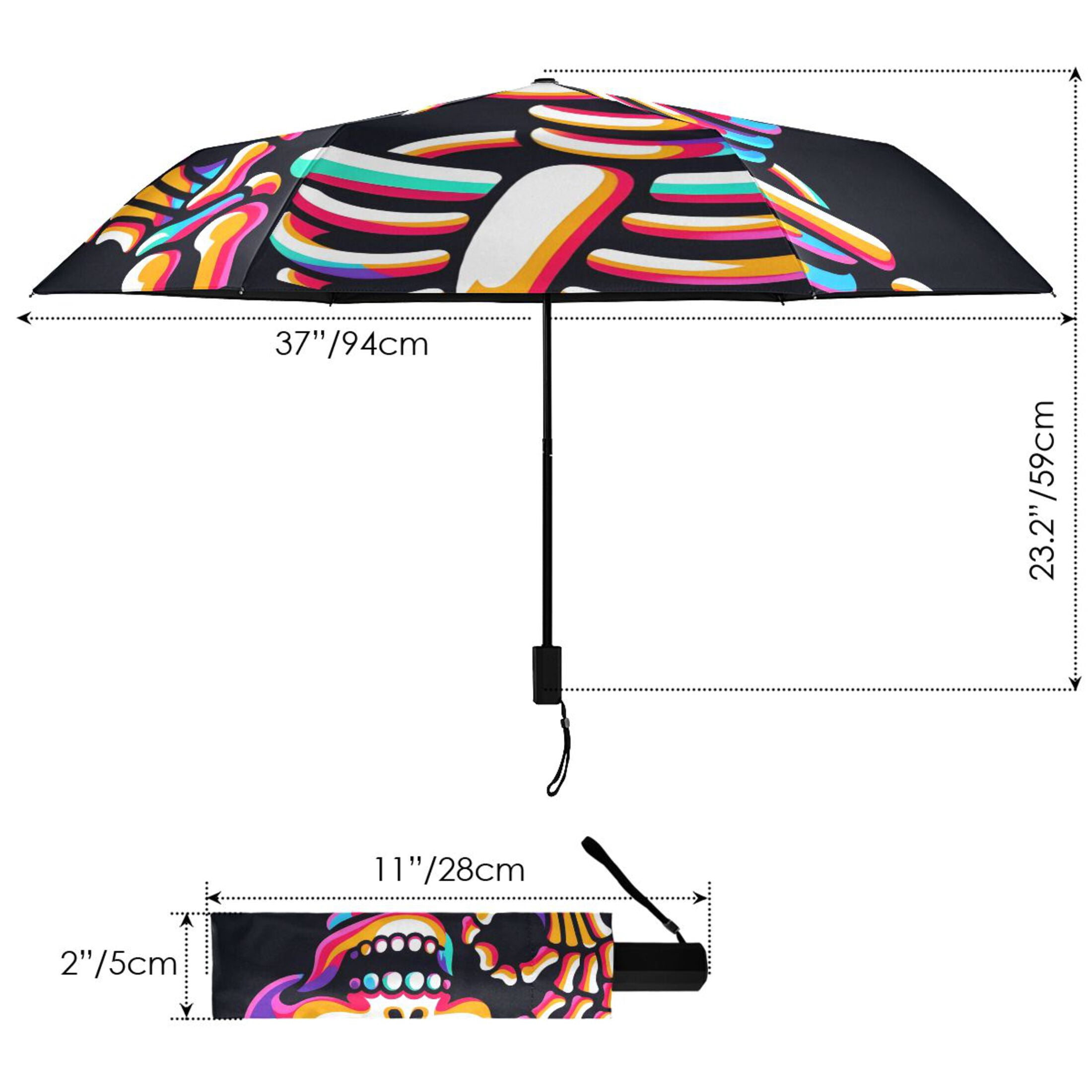Cute Rainbow Skull Skeleton Compact Sun Umbrella Windproof Travel Umbrellas for Rain Strong Portable UV Protection